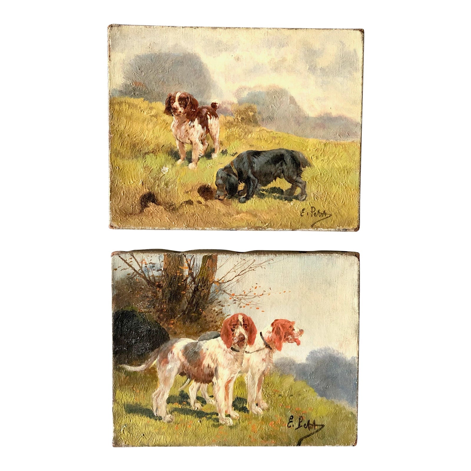 19th Century French Miniature Dog Portrait Oil Paintings - a Pair